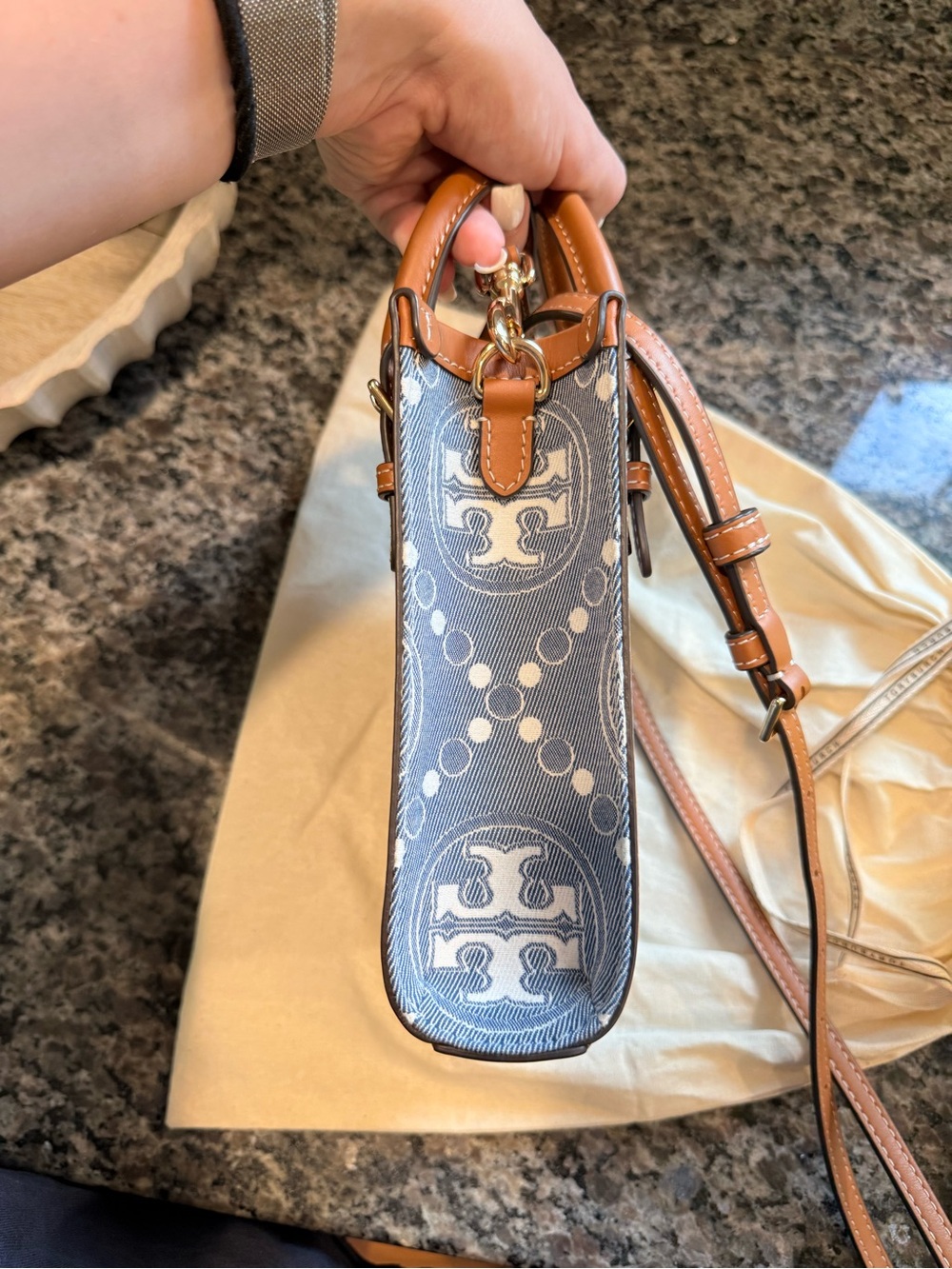 Tory Burch Mini T Monogram Denim North/South Tote Bag – Indigo/Tan - Picture 9 of 9